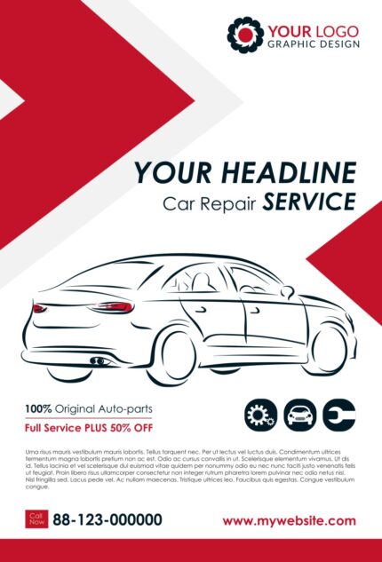 Car repair service brochure featuring discount offer, contact details, and service details