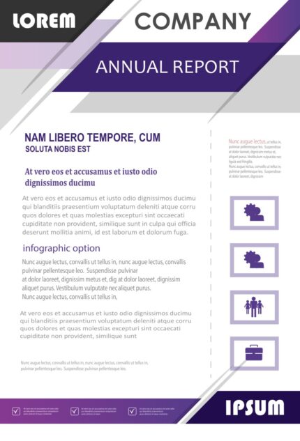 COREMI annual report cover featuring title "Soluta Mobis Est", infographics, and text sections on business solutions.