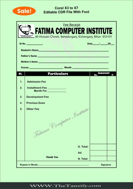 Editable Fatima Computer Institute Fee Receipt Template in JPG Format for CorelDRAW