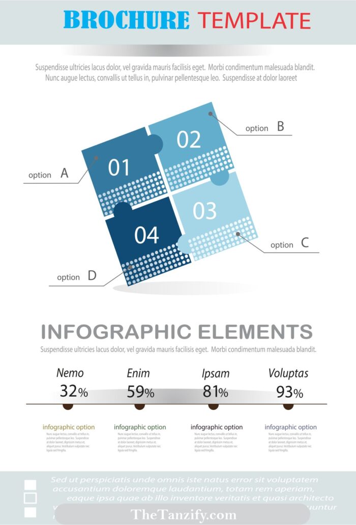Business brochure layout featuring decision trees, percentage tables, and Tanzify.com branding in a clean, modular grid.