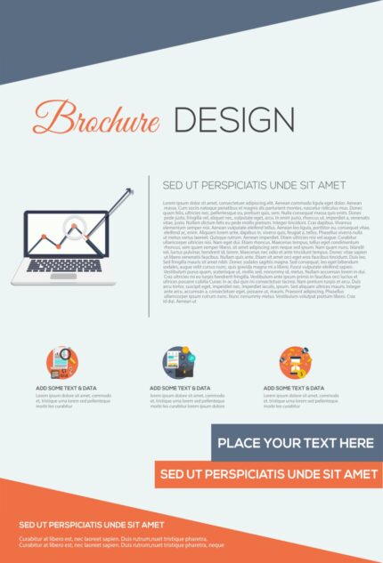 Professional brochure template showing layered text sections, repeated design elements, and 'PLACE YOUR TEXT HERE' callouts in a clean grid.