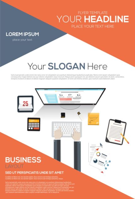 Professional business layout with 'YOUR HEADLINE' prompts, slogan sections, and anniversary-themed design elements centered around a stylized '25' icon.