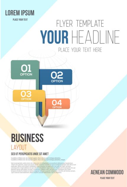 Business flyer layout featuring modular sections, 'PLACE YOUR TEXT HERE' prompts, and a grid-based design with numbered workflow triggers.