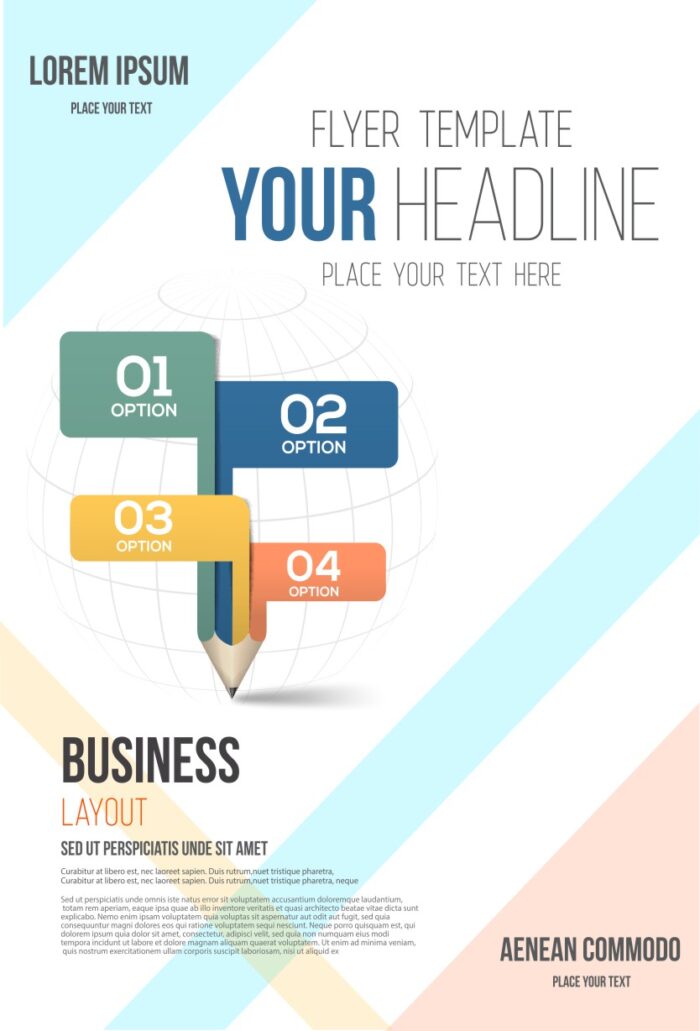 Business flyer layout featuring modular sections, 'PLACE YOUR TEXT HERE' prompts, and a grid-based design with numbered workflow triggers.