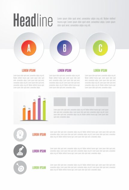 Business flyer interface showcasing numbered customization steps, modular text blocks, and a grid-based layout with 'YOUR HEADLINE' focal points.