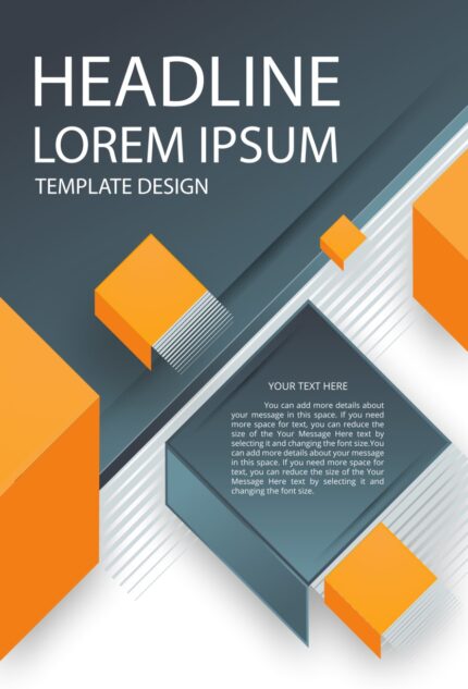 Structured layout featuring a large headline section, placeholder text block labeled LOREMIPSUM, and a footer tag 'TEMPLATE DESIGN' in a monochromatic scheme.