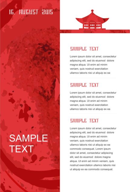Vintage template layout titled 'IS. MUSUST 2005' with three repeating text sections labeled 'SHIMPLE TEXT', each containing Latin placeholder paragraphs, and a footer labeled 'SAMPLE TEXT'
