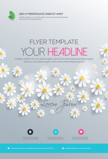 Flyer design featuring numerous white daisy flowers with yellow centers over a soft gray background, elegant headline typography, and three circular icons at the bottom.