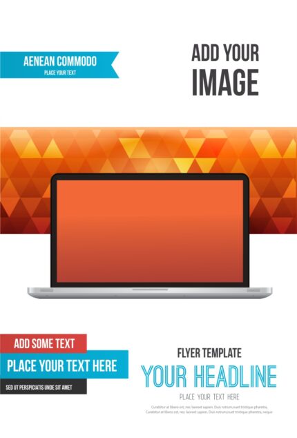 Laptop flyer template with orange geometric background and customizable text spaces