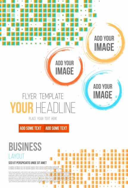 Marketing template with two 'ADD YOUR IMAGE' placeholders, a large 'YOUR HEADLINE' text block, and a footer labeled 'BLUSINESS' in a vibrant color scheme.