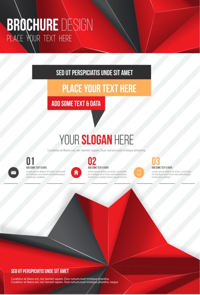 Brochure layout titled 'BROCHURE DESIGN' with numbered lists, placeholder text blocks labeled 'PLACE YOUR TEXT HERE', and sections for slogans or data integration in a clean grid format.