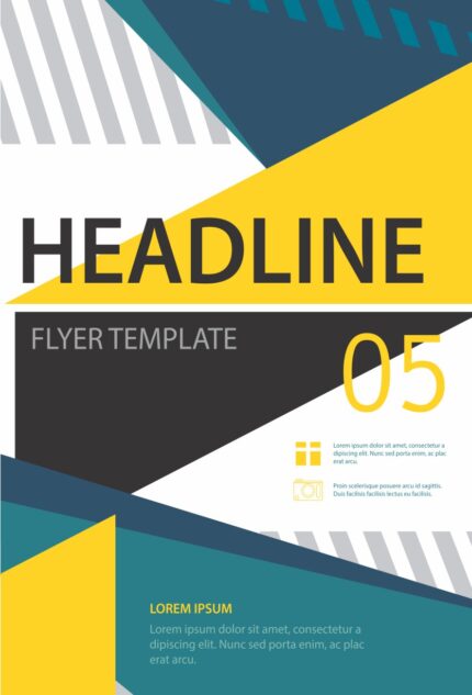 Minimalist flyer template labeled 'FLYERTEMPLATE 05', featuring a 'HEADLINE' block and truncated Latin placeholder text (Lorem ipsum dolor sit amet, consectetur a) in a clean, modern layout.