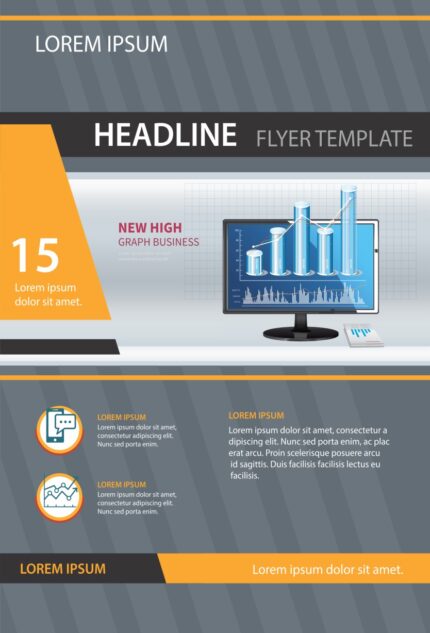 Modern flyer layout labeled 'LOREM IPSUM', featuring a 'HEADLINE' block, 'GRAPIR BUSINESS 15NEW HIGH' tagline, and partial Latin placeholder text in a clean, grid-aligned structure.