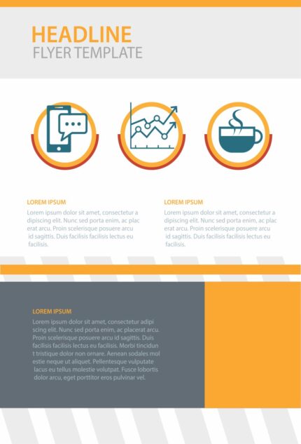 Structured flyer layout labeled 'HEADLINE' and 'FLYER TEMPLATE', featuring three 'LOREM IPSUM' sections with Latin placeholder text paragraphs in a minimalist, grid-aligned design.