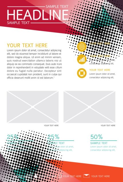 Structured document layout titled 'HEADLINE' with 'YOUR TEXT HERE' sections, a block of Latin placeholder text, and a '25%25%' metric indicator in a clean format.