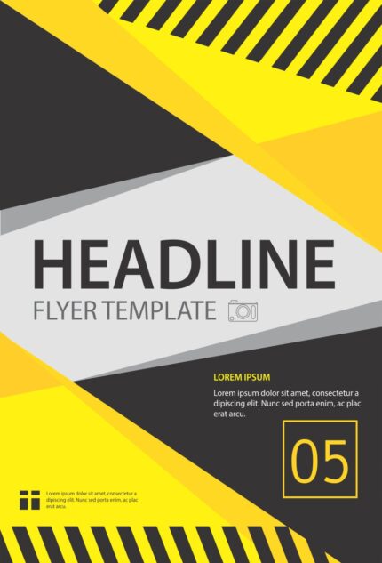 Clean flyer layout labeled 'HEADLINE' and 'FLYERTEMPLATE', featuring truncated Latin placeholder text (Lorem ipsum dolor...*) and a version number '05' in a minimalist, grid-aligned design.