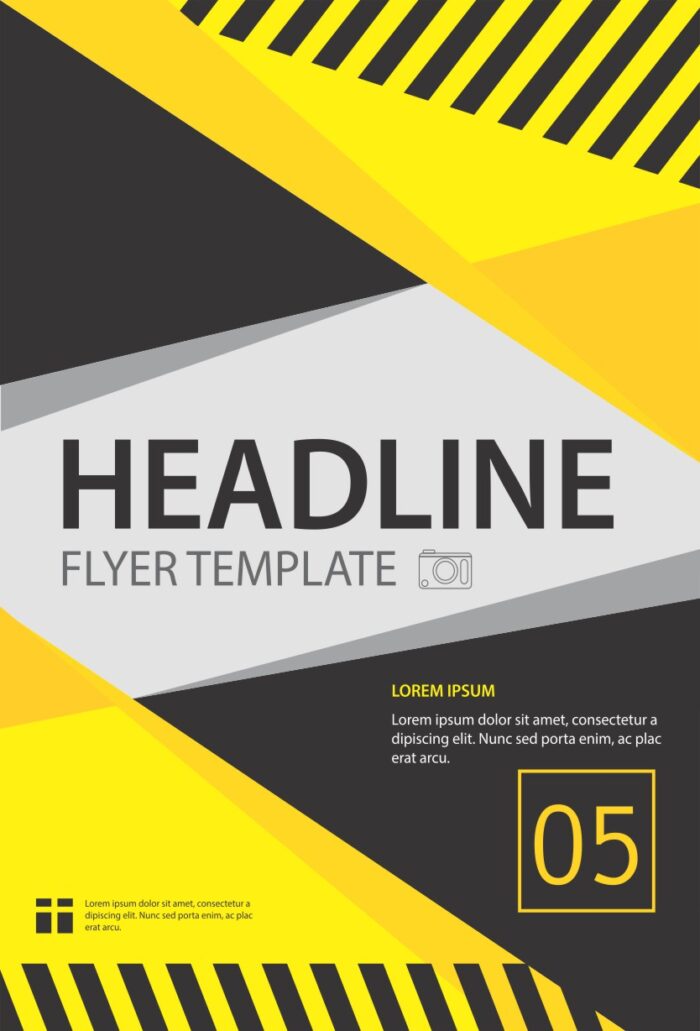 Clean flyer layout labeled 'HEADLINE' and 'FLYERTEMPLATE', featuring truncated Latin placeholder text (Lorem ipsum dolor...*) and a version number '05' in a minimalist, grid-aligned design.