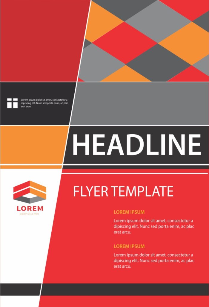 Minimalist flyer layout labeled 'HEADLINE' and 'FLYER TEMPLATE', featuring 'LOREM' and 'LOREM IPSUM' sections with truncated Latin placeholder text in a structured, monochromatic design.