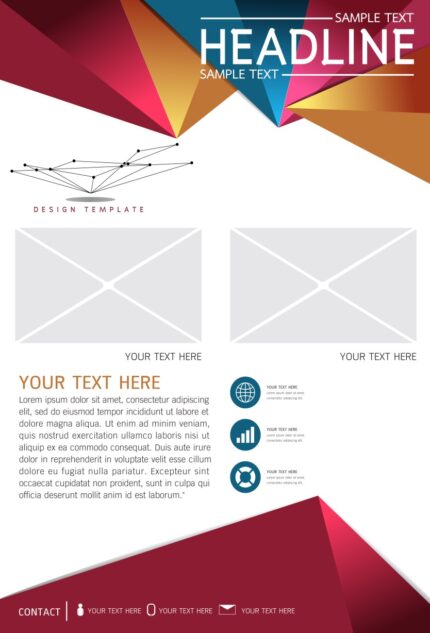 Document layout titled 'HEADLINE', featuring 'SAMPLE TEXT', 'DESIGN TEMPLATE' labels, two 'YOUR TEXT HERE' blocks, and a Latin placeholder paragraph in a clean, grid-based format.
