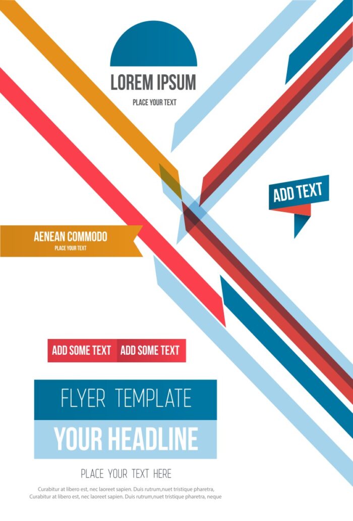 Structured flyer layout labeled 'FLYER TEMPLATE', featuring 'YOUR HEADLINE', 'LOREM IPSUM', and multiple text placeholder zones in a clean grid.
