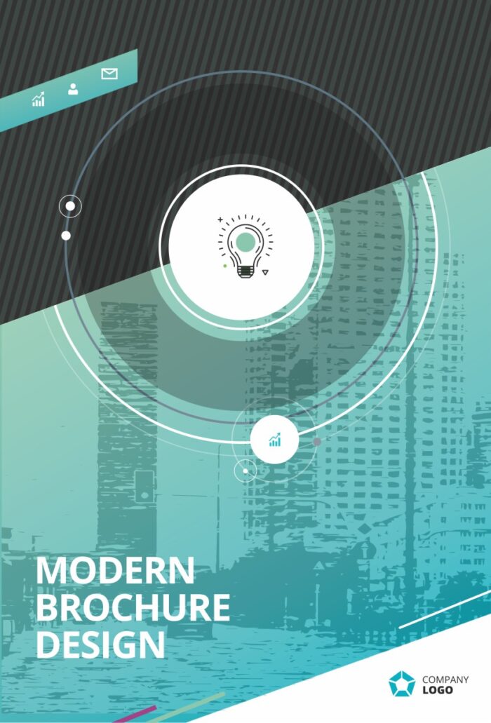 White modern brochure mockup with abstract geometric elements, clean sans-serif typography, and space for a company logo