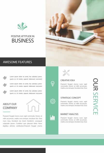 Colorful ABG brochure with sections: Positive Attitude, Awesome Features, Creative Ideas, Strategic Concepts, and Market Analysis