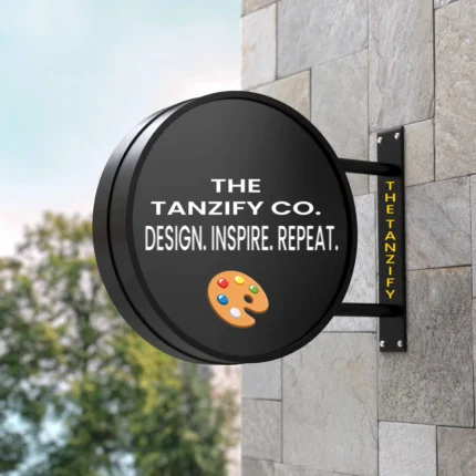 Round street signboard mockup in urban background with realistic shadows and editable PSD format for branding