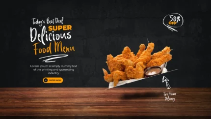Super Delicious Food Menu flyer design with fried chicken, 50% off offer, and free home delivery promotion. Black background with orange and white bold text.