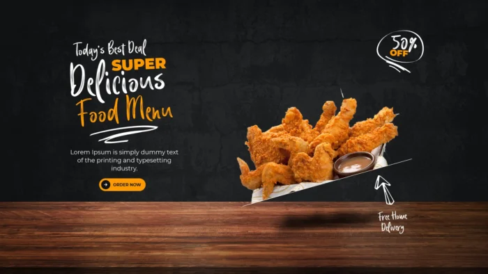 Super Delicious Food Menu flyer design with fried chicken, 50% off offer, and free home delivery promotion. Black background with orange and white bold text.