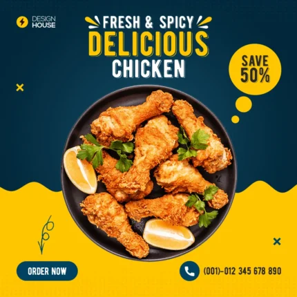 Design House Fresh & Spicy Chicken Banner with 50% Off Discount - Order Now & Save