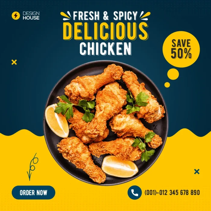 Design House Fresh & Spicy Chicken Banner with 50% Off Discount - Order Now & Save