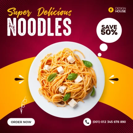 Super Delicious Noodles Banner with "Save Big" Offer - Order Now via Phone (+91) 746-2077-143