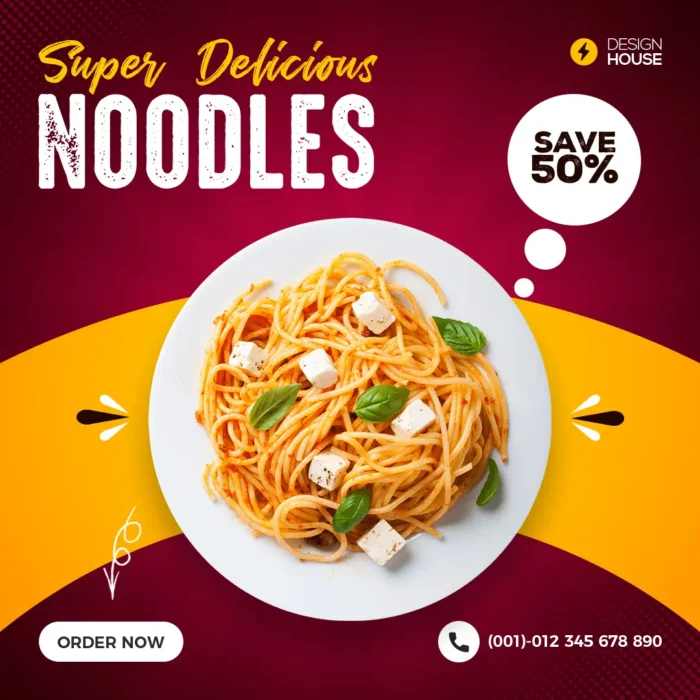 Super Delicious Noodles Banner with "Save Big" Offer - Order Now via Phone (+91) 746-2077-143