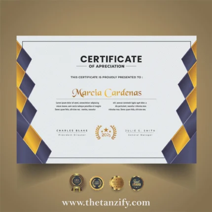 Elegant 2025 Certificate of Appreciation with gold and navy blue theme by The Tanzify