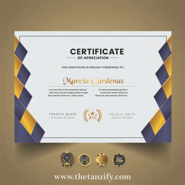 Elegant 2025 Certificate of Appreciation with gold and navy blue theme by The Tanzify