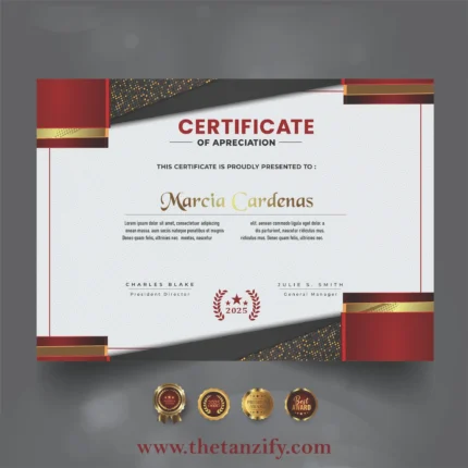 Elegant Certificate of Appreciation in red and gold design, editable CorelDRAW template by The Tanzify, 2025 print-ready award certificate.