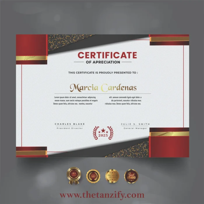Elegant Certificate of Appreciation in red and gold design, editable CorelDRAW template by The Tanzify, 2025 print-ready award certificate.