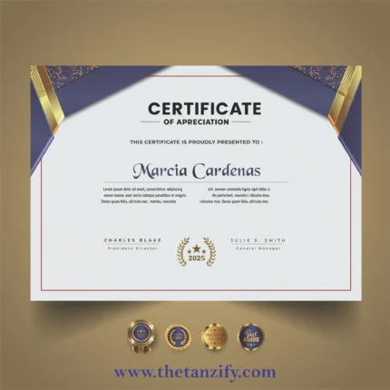 Elegant Certificate of Appreciation with navy blue and gold luxury design, editable CorelDRAW (.cdr) file, perfect for 2025 awards and professional recognition – designed by The Tanzify.