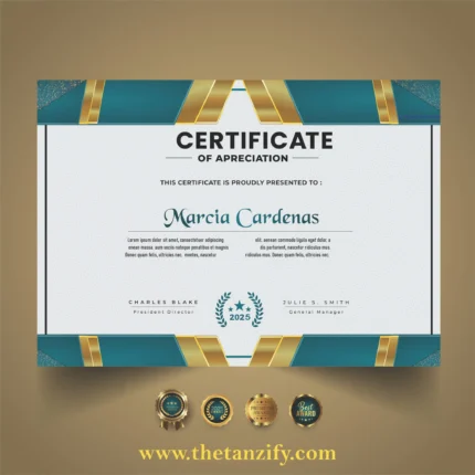 A digital certificate with decorative borders, awarded to Marcia Cardenas by Grables Blake, featuring the text "constantly offering us more than one person in the world" and the website www.thetanzify.com.