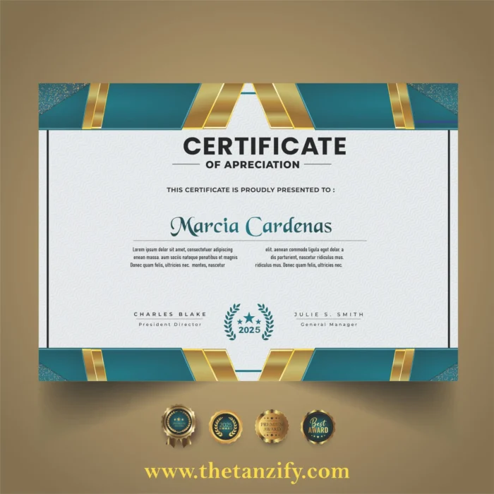 A digital certificate with decorative borders, awarded to Marcia Cardenas by Grables Blake, featuring the text "constantly offering us more than one person in the world" and the website www.thetanzify.com.