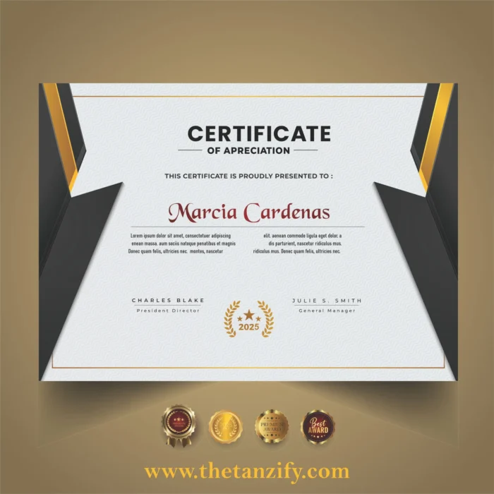 A decorative digital certificate awarded to Marcia Cardenas by Charles Blake, featuring the Tanzify logo and URL (www.thetanzify.com).