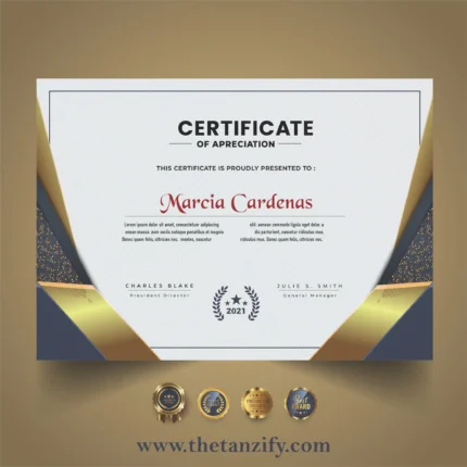 A decorative digital certificate awarded to Marcia Cardenas, featuring the Tanzify website URL (www.thetanzify.com) and a recognition statement.