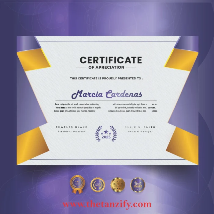 A digital certificate with decorative elements awarded to Marcia Cardenas, displaying the Tanzify website URL (www.thetanzify.com).