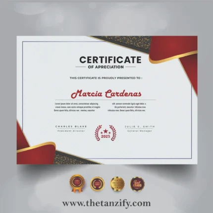 A digital certificate awarded to Marcia Cardenas by Tanzify, featuring the website URL (www.thetanzify.com) and decorative design elements.