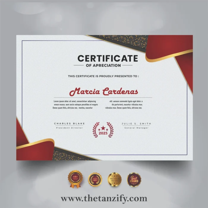 A digital certificate awarded to Marcia Cardenas by Tanzify, featuring the website URL (www.thetanzify.com) and decorative design elements.