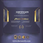 A decorative digital certificate awarded to Narcia Cardenas, featuring the Tanzify website URL (www.thetanzify.com) and recognition text.