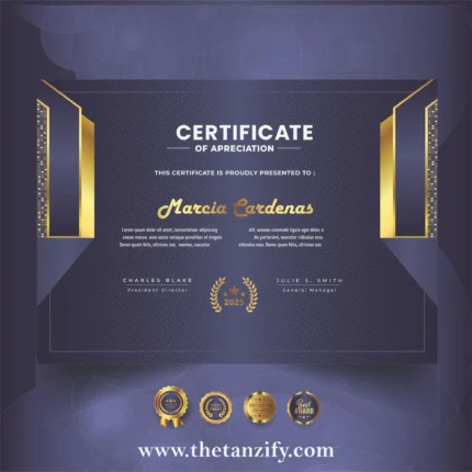 A decorative digital certificate awarded to Narcia Cardenas, featuring the Tanzify website URL (www.thetanzify.com) and recognition text.