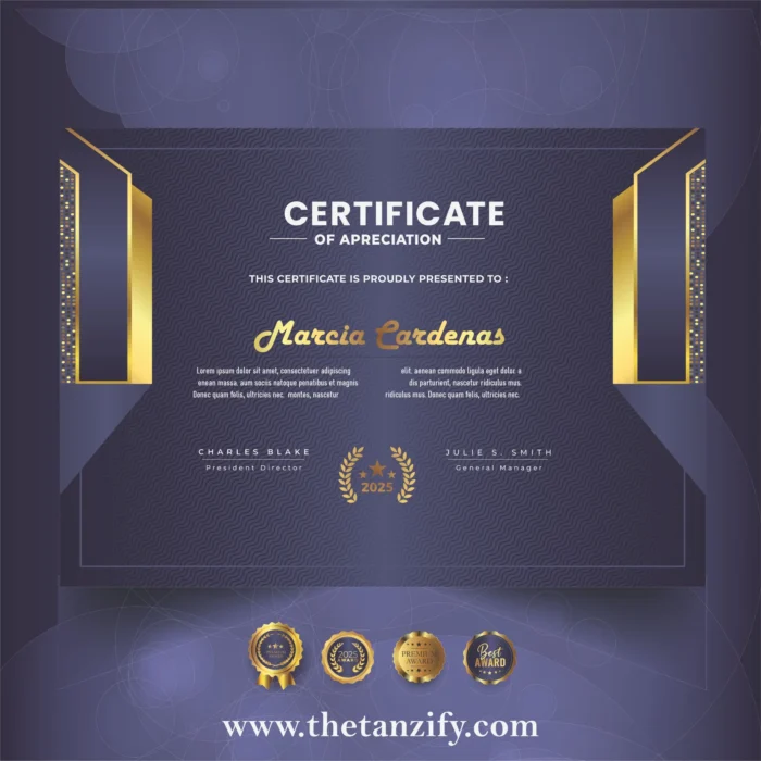 A decorative digital certificate awarded to Narcia Cardenas, featuring the Tanzify website URL (www.thetanzify.com) and recognition text.