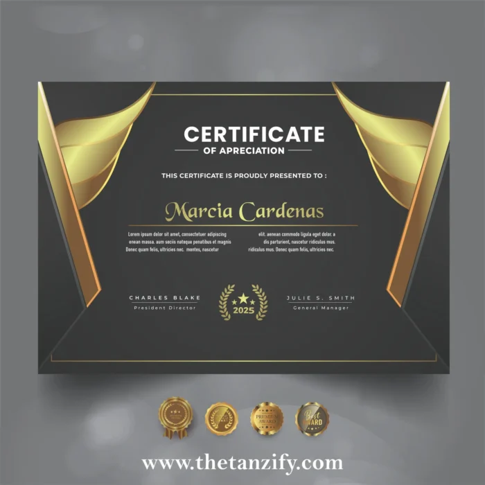 A decorative digital certificate awarded to Narcia Cardenas, featuring the Tanzify website URL (www.thetanzify.com) and recognition text.