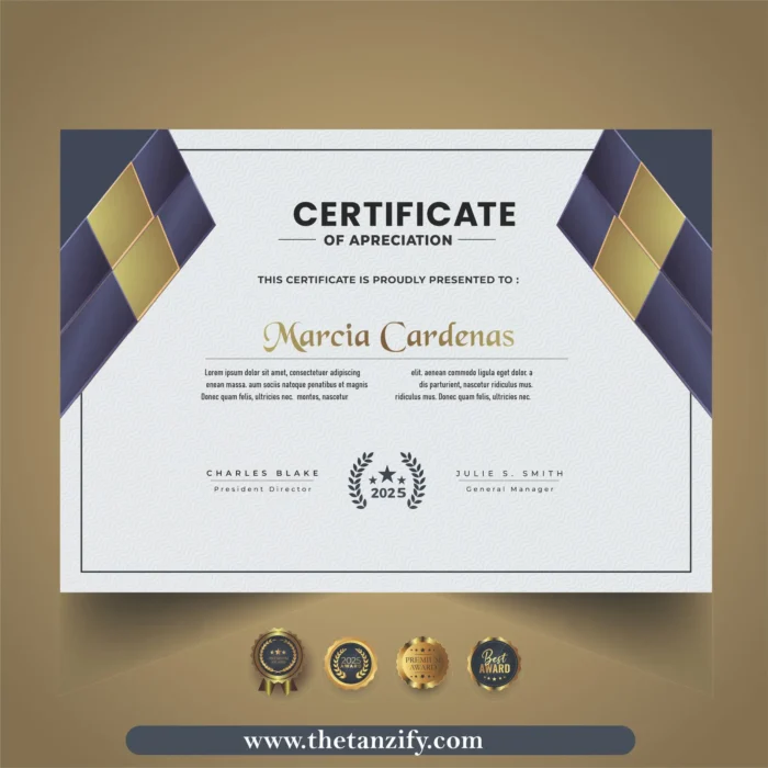 A decorative digital certificate awarded to Narcia Cardenas, featuring the Tanzify website URL (www.thetanzify.com) and recognition text.